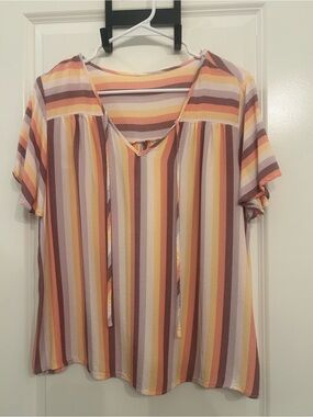 Striped V-Neck Short Sleeve Top in Pink, Yellow & Brown
